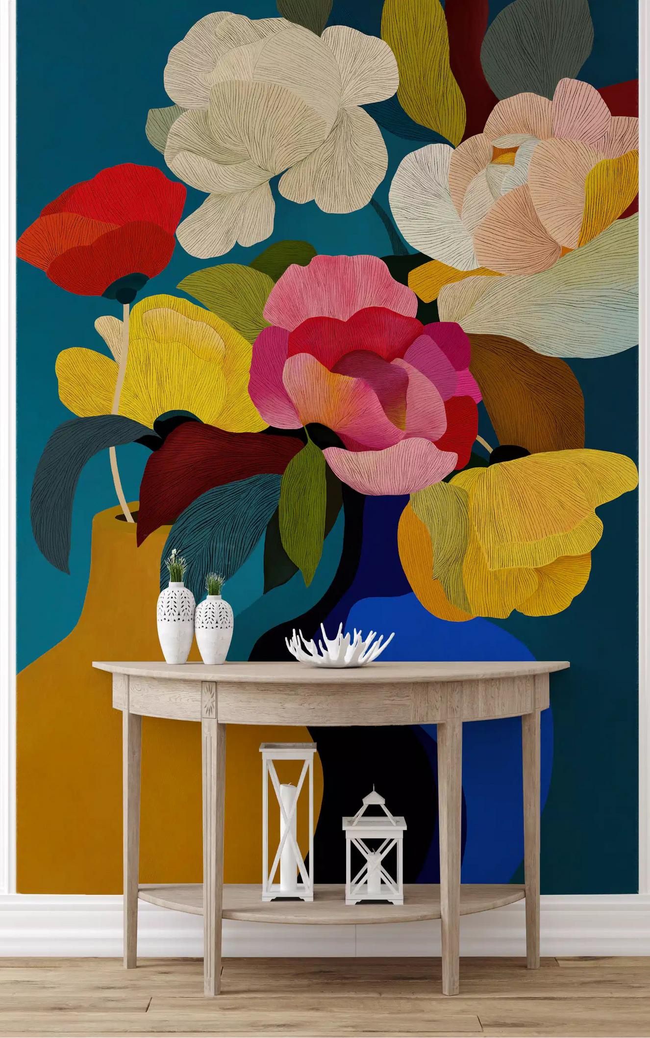 Vibrant Botanical Harmony mural featured on a hallway accent wall.