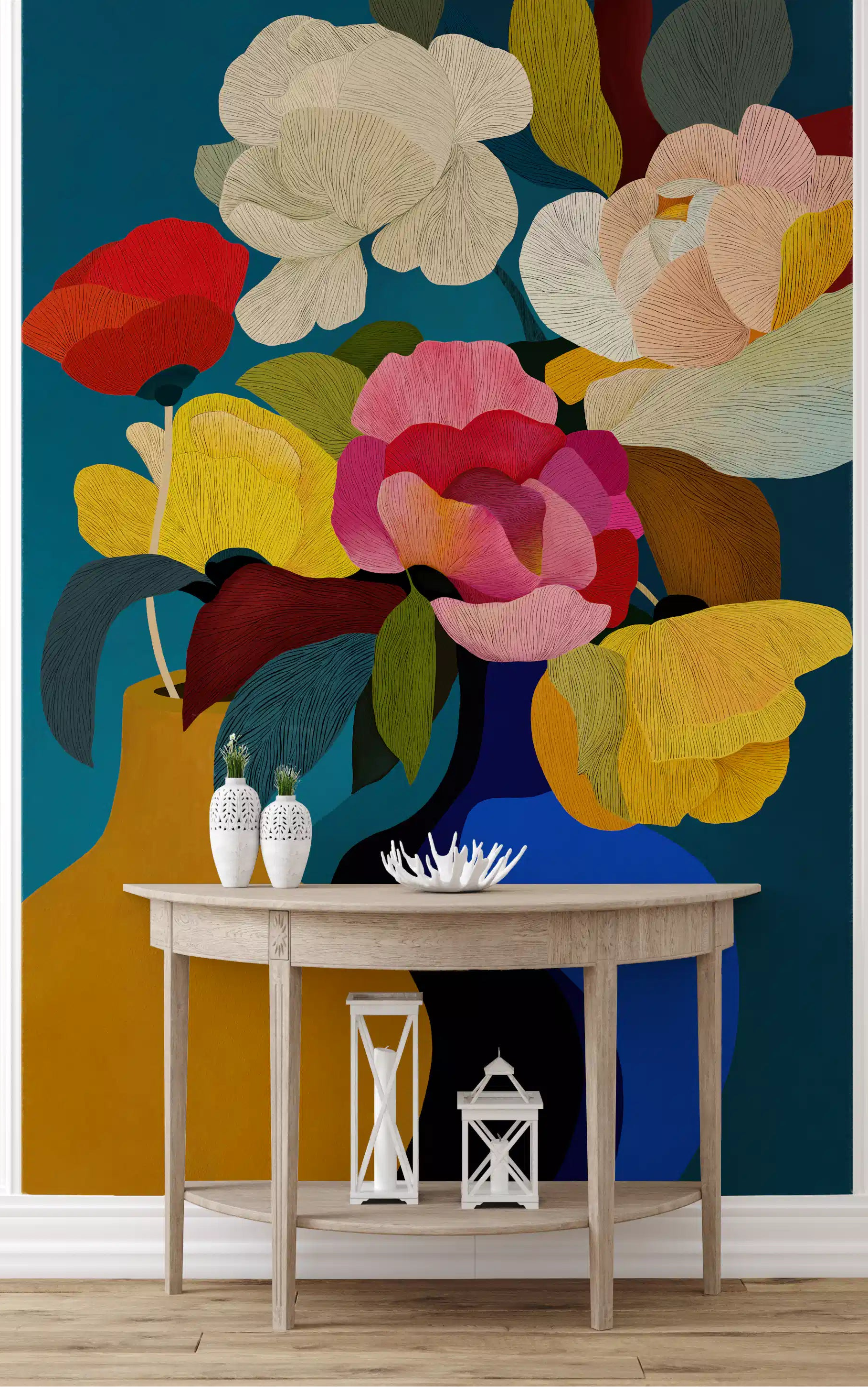 Vibrant Botanical Harmony mural featured on a hallway accent wall., GD10347