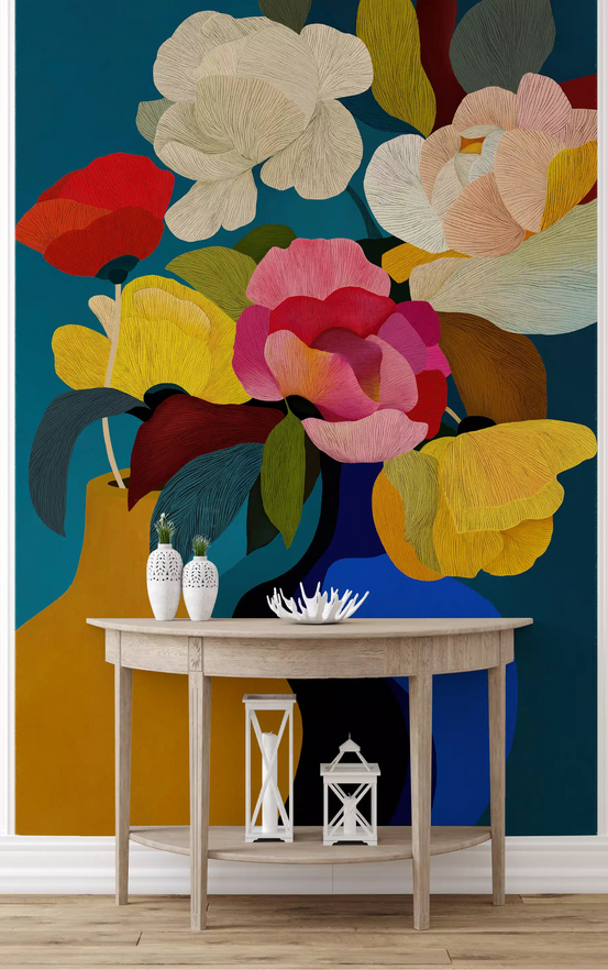 Vibrant Botanical Harmony mural featured on a hallway accent wall., GD10347