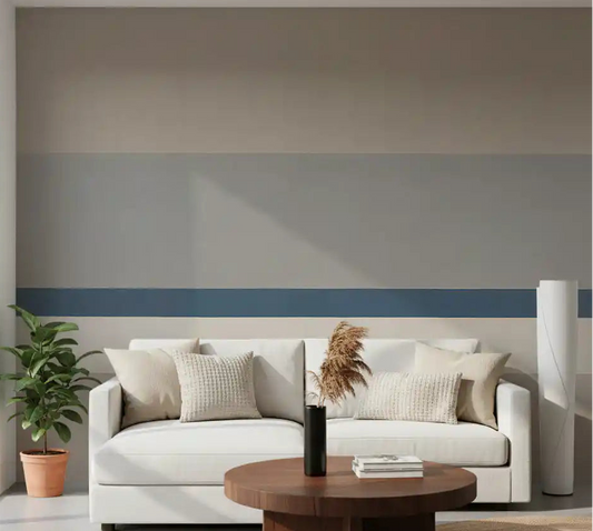 Muted blue and beige horizontal striped wall mural in living room.