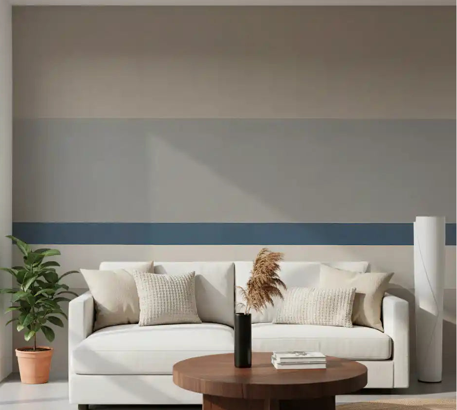 Muted blue and beige horizontal striped wall mural in living room., GD10348