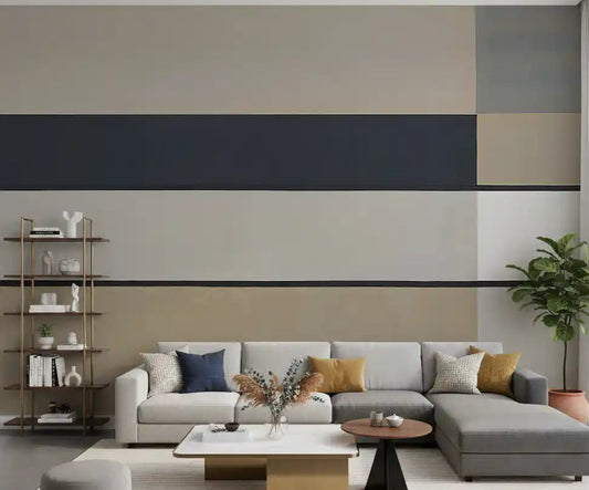 Geometric colour block wall mural with tan and cream tones in living room., GD10349