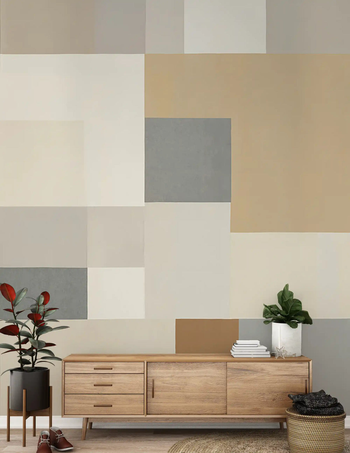 Abstract colour block wall mural with beige and grey grid in hallway., GD10350