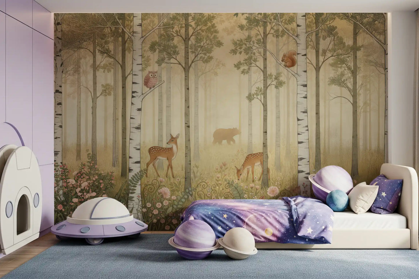 Forest animals wall mura with Golden light filtering through birch trees in kids bedroom.