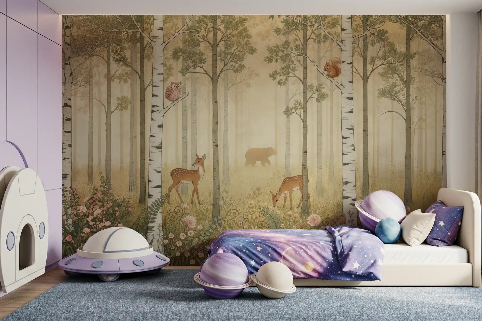 Forest animals wall mura with Golden light filtering through birch trees in kids bedroom.