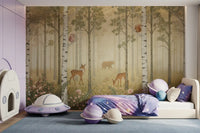 Forest animals wall mura with Golden light filtering through birch trees in kids bedroom.