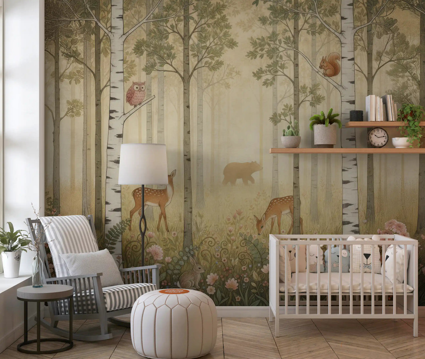Woodland scene mural featuring spotted deer among birch trunks and wildflower.