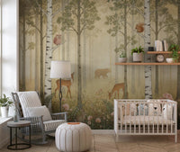 Woodland scene mural featuring spotted deer among birch trunks and wildflower.
