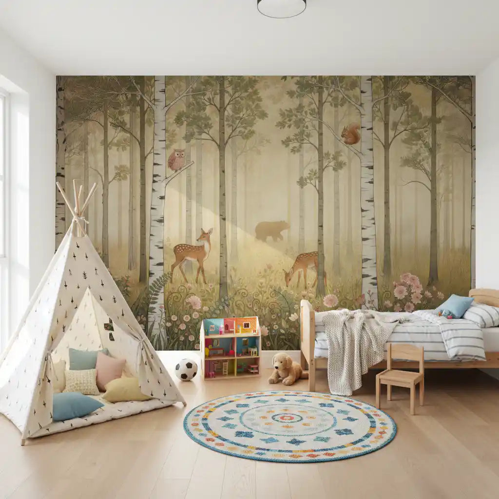 Wildflower foreground with pink coral and green blooms on woodland wall mural. 