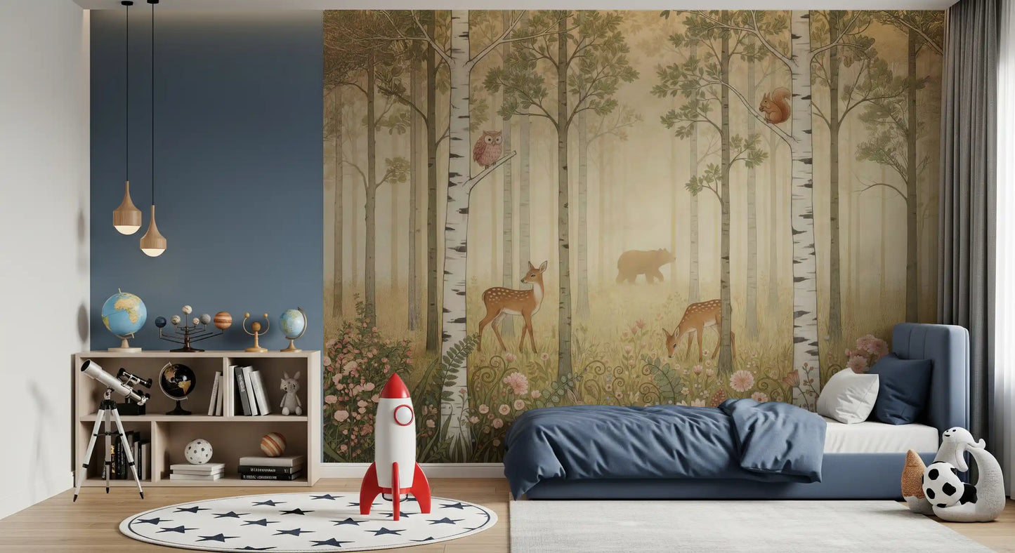 Forest mural with deer owl squirrel rabbit and flowering undergrowth in kids room.