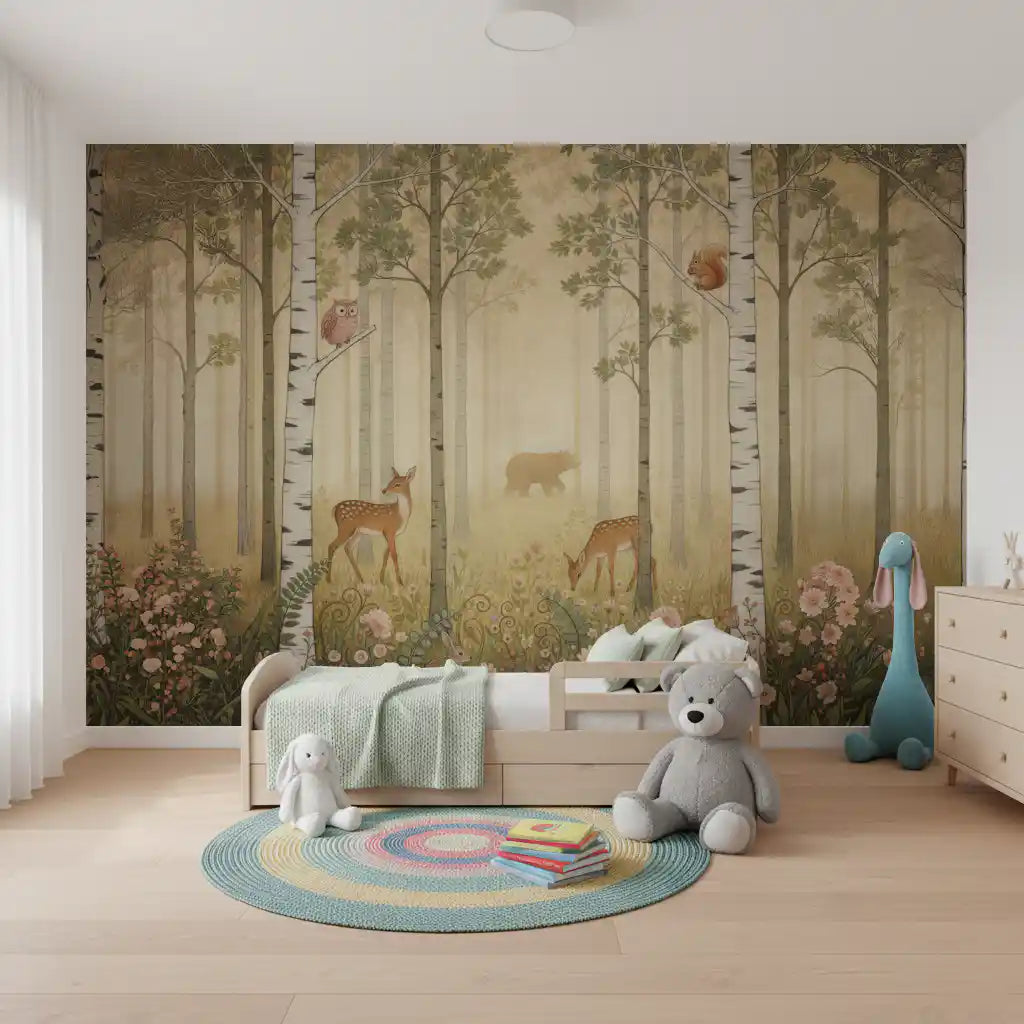 Warm sunlit forest mural with bear silhouette walking between birch trees. 