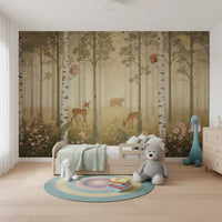 Warm sunlit forest mural with bear silhouette walking between birch trees. 