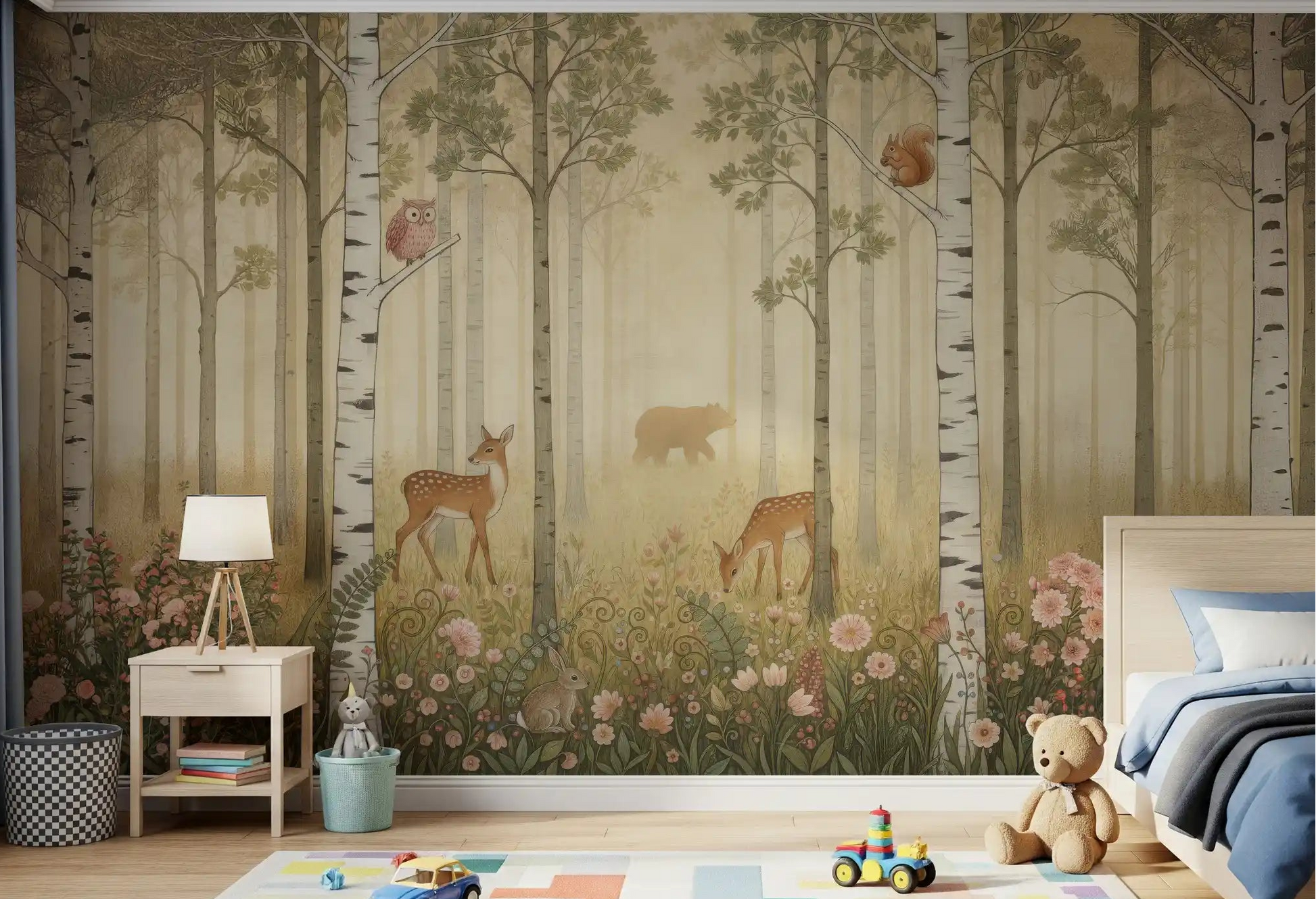 Forest Animals and Wildflowers mural with rabbit and ferns in kids bedroom setting 