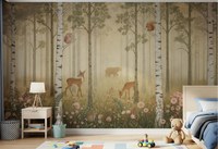 Forest Animals and Wildflowers mural with rabbit and ferns in kids bedroom setting 