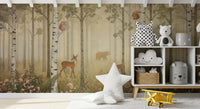 Birch forest wall mural with owl perched on branch and squirrel on tree trunk. 