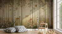 Forest Animals and Wildflowers Warm Sun wall mural with birch trees and deer.