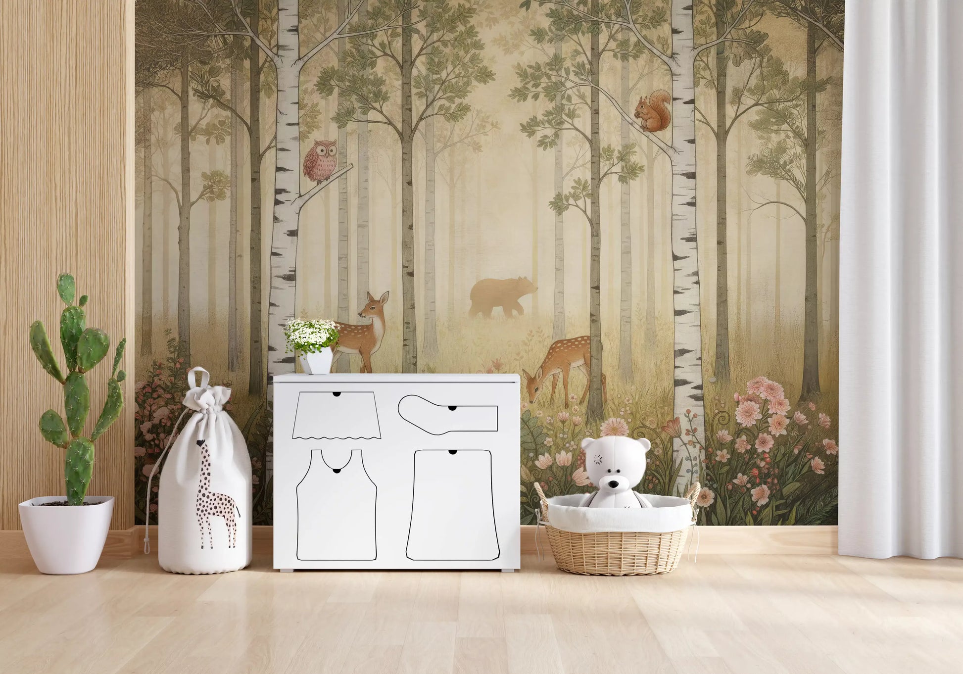 Woodland animals and birch forest wall mural with warm tones in kids room
