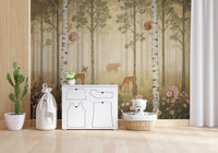 Woodland animals and birch forest wall mural with warm tones in kids room