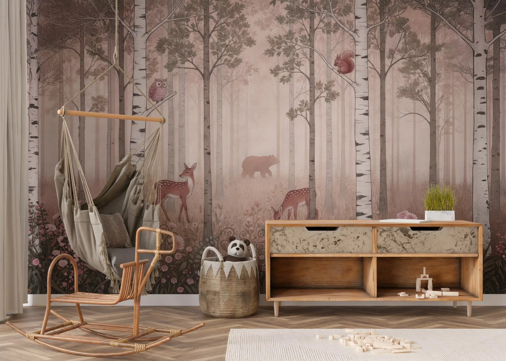 Birch forest and woodland animals mural in dusty rose and mauve in nursery., GD10352