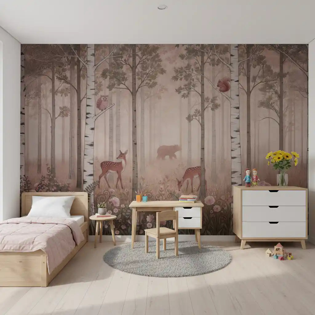 Forest Animals and Wildflowers Dawn mural with warm pink tones in kids bedroom.