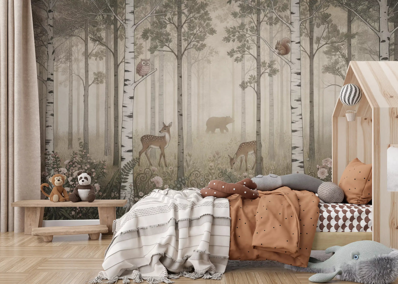 Forest Animals and Wildflowers Misty Day mural in cool grey tones in kids room.