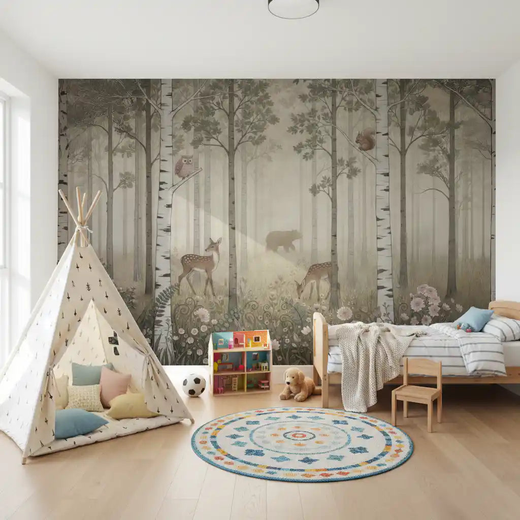 Forest Animals and Wildflowers – Misty Day Wall Mural