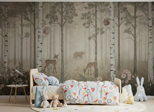 Birch forest and woodland animals mural with foggy atmosphere in kids bedroom.