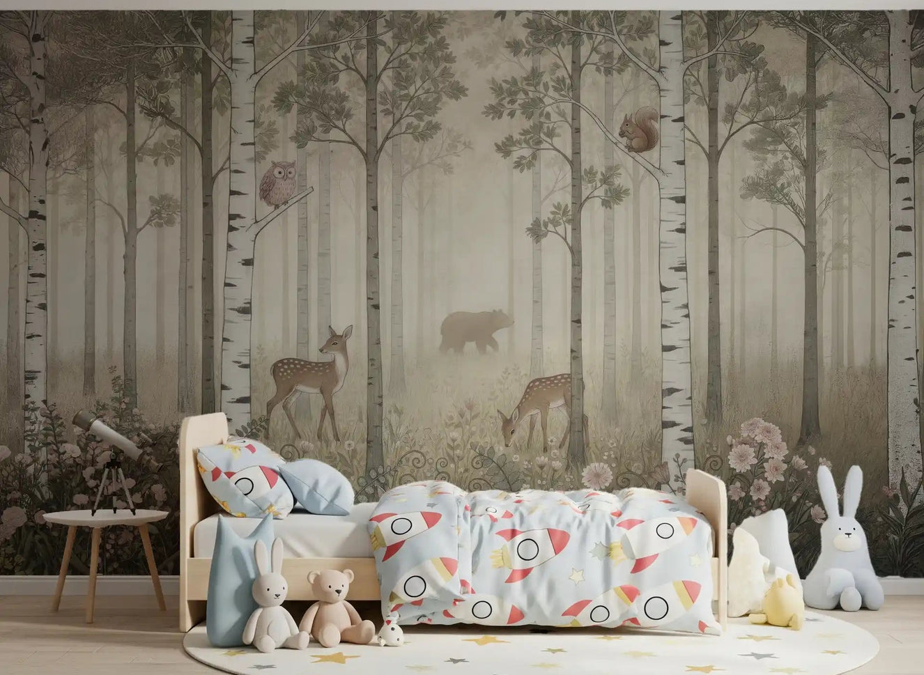 Birch forest and woodland animals mural with foggy atmosphere in kids bedroom.