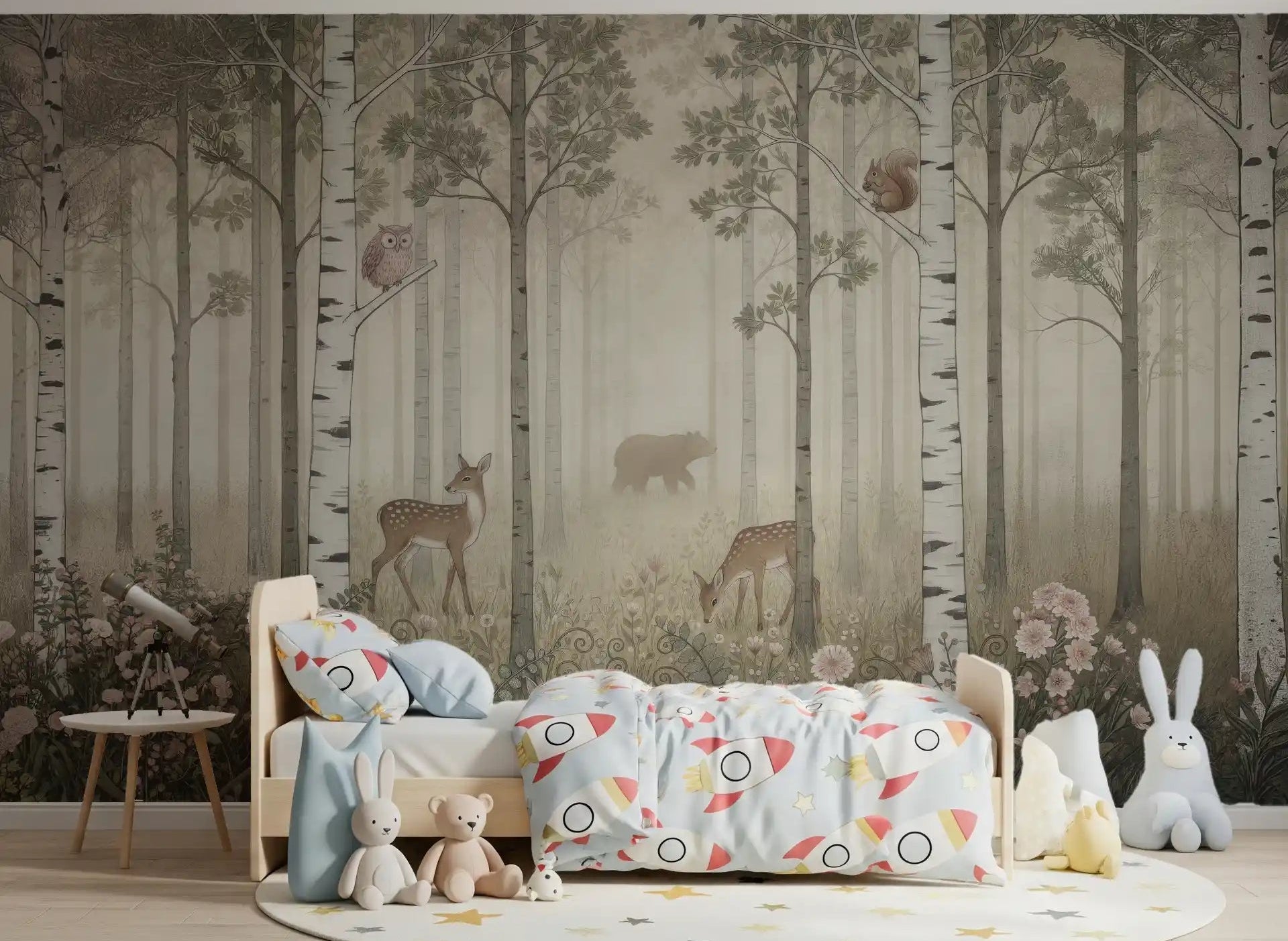 Birch forest and woodland animals mural with foggy atmosphere in kids bedroom., GD10353
