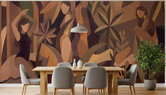 Dining wall mural showing panoramic cubist tropical composition in muted warm tones.