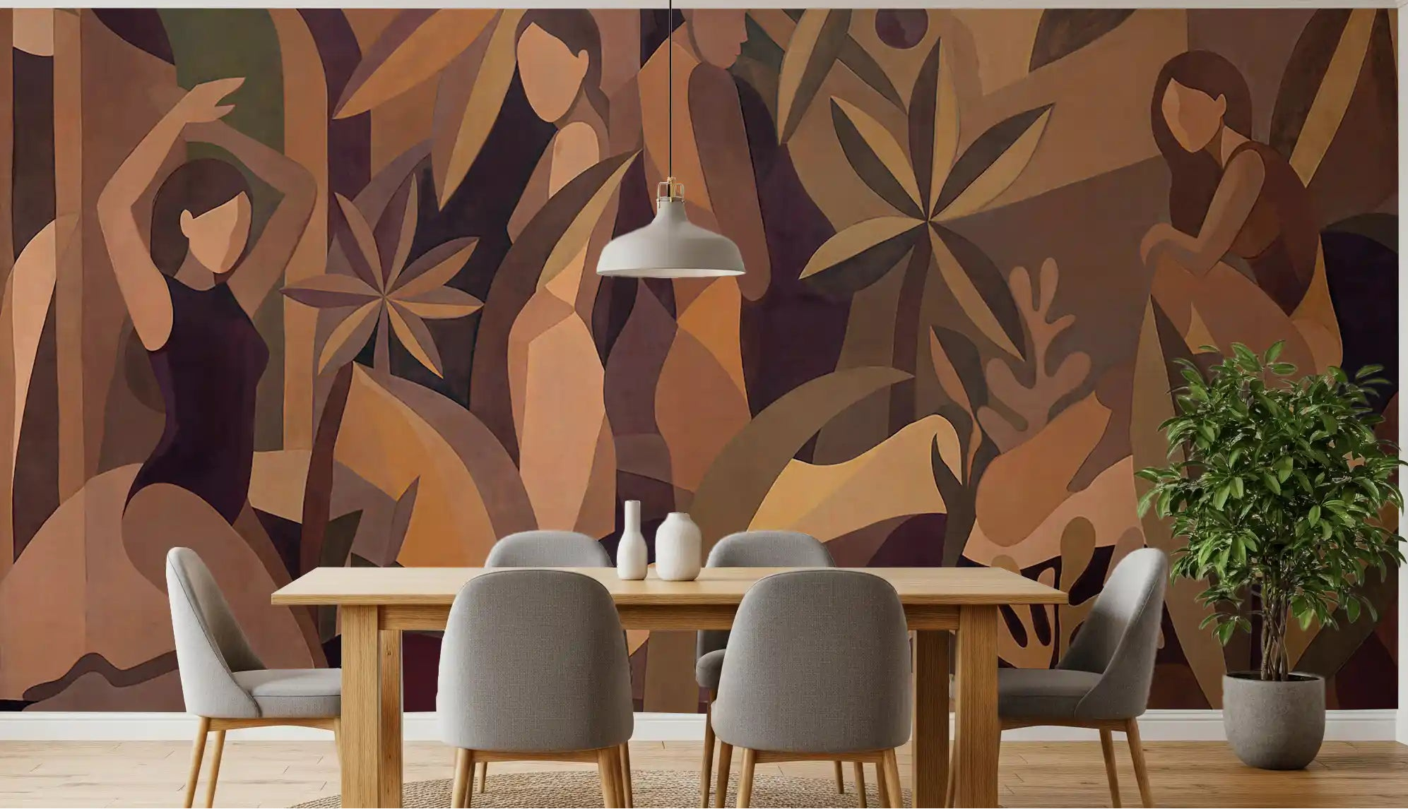 Dining wall mural showing panoramic cubist tropical composition in muted warm tones., GD10355