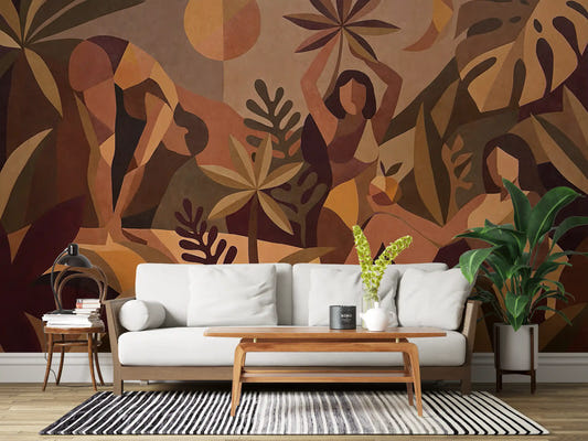Living room wall mural with cubist tropical scene in warm amber and olive tones.