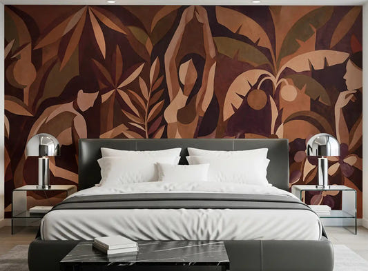Bedroom feature mural showing panoramic figurative composition with plum flowers.