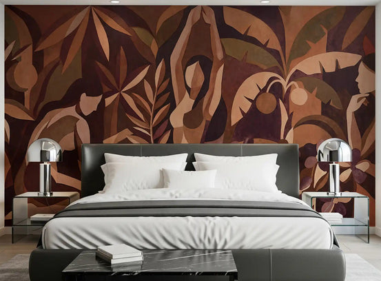 Bedroom feature mural showing panoramic figurative composition with plum flowers., GD10357