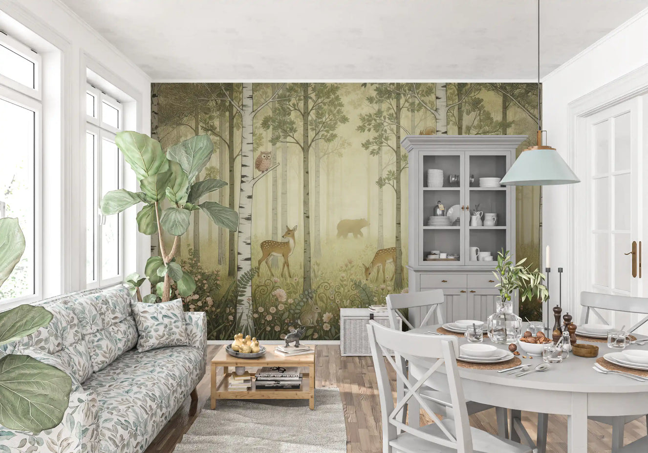 Gentle forest animal mural featuring spotted deer and owl in soft muted colour palette.