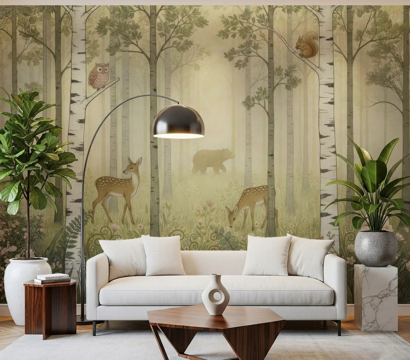 Living room feature mural showing illustrated forest creatures among birch trees and flowers.