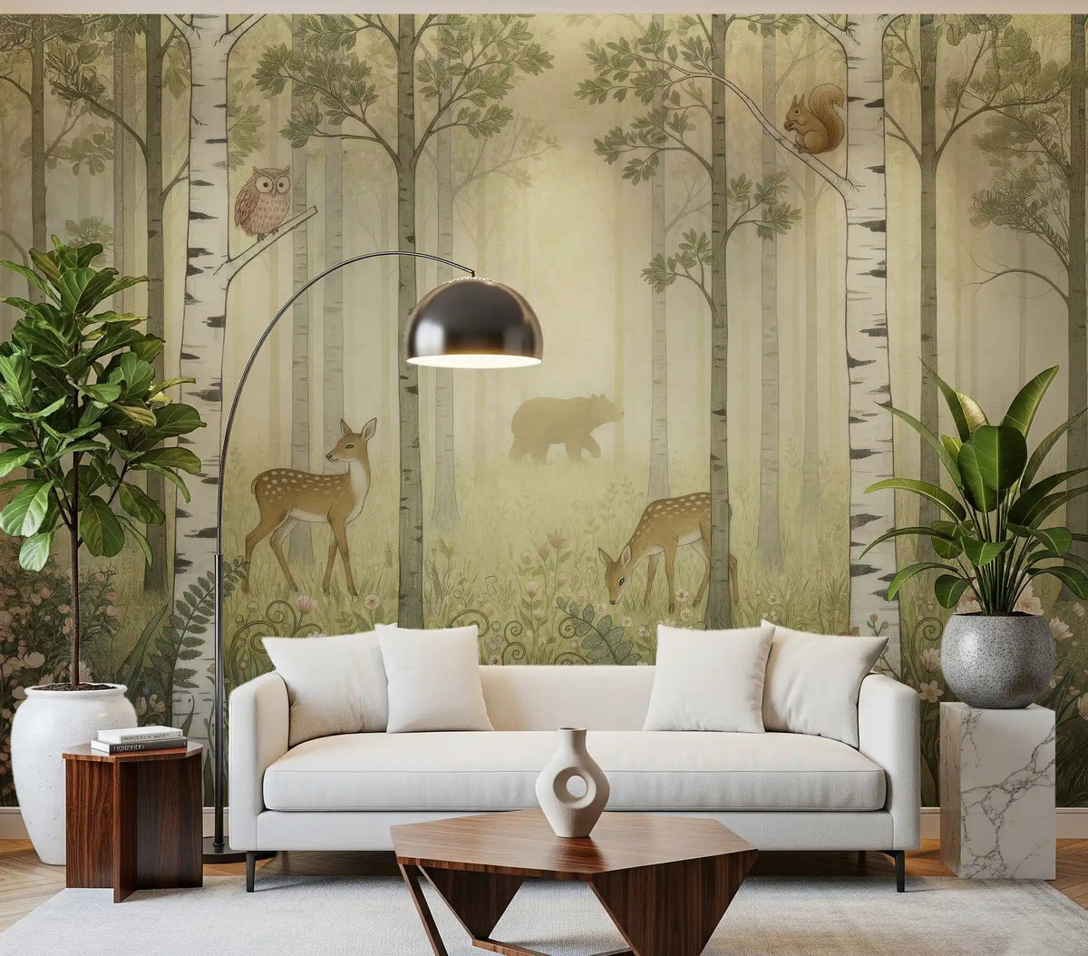 Living room feature mural showing illustrated forest creatures among birch trees and flowers., GD10358