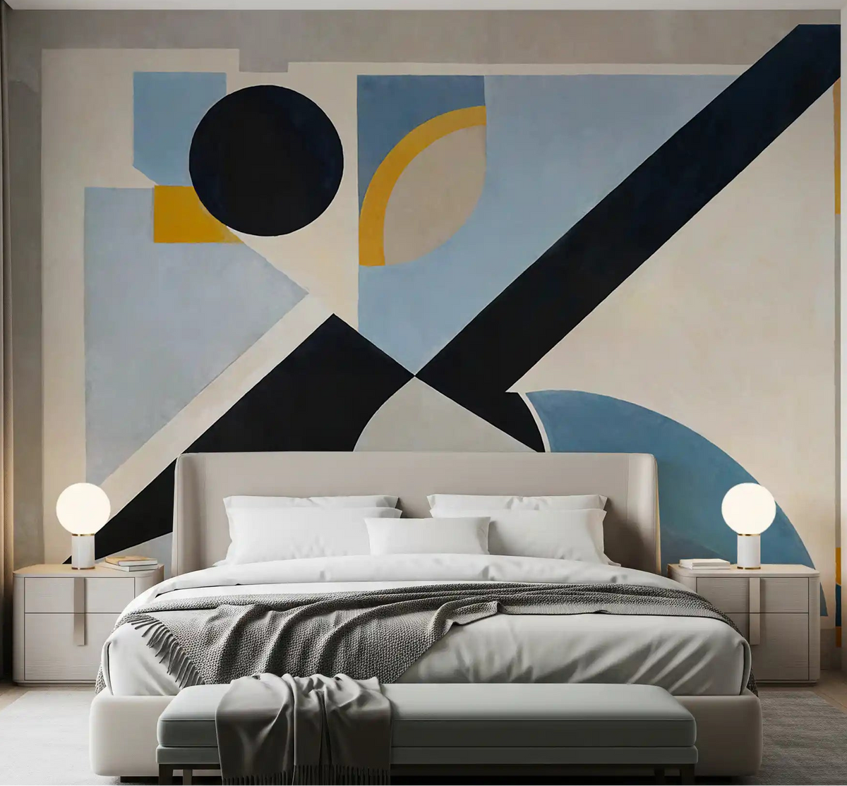 Bedroom feature mural showing abstract geometric composition in grey, navy and mustard., GD10359