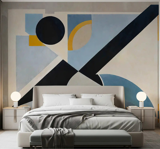 Bedroom feature mural showing abstract geometric composition in grey, navy and mustard., GD10359