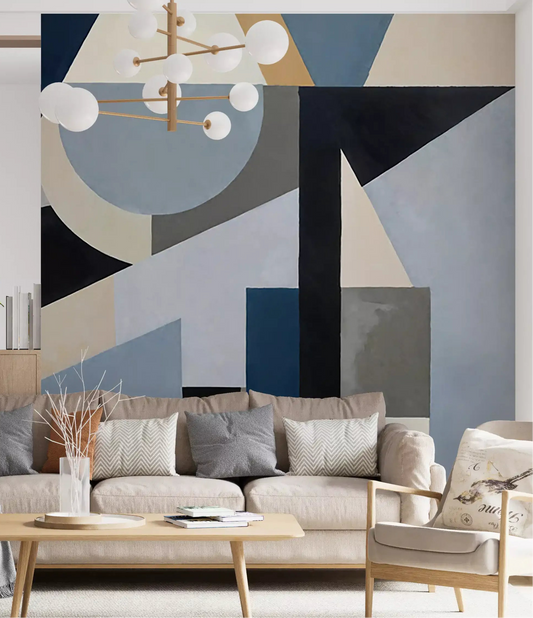 Living room wall mural with constructivist geometric forms in blue and grey palette., GD10360