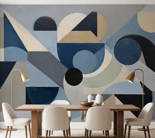 Dining room feature mural showing full-coverage abstract shapes in navy, grey, and cream., GD10361