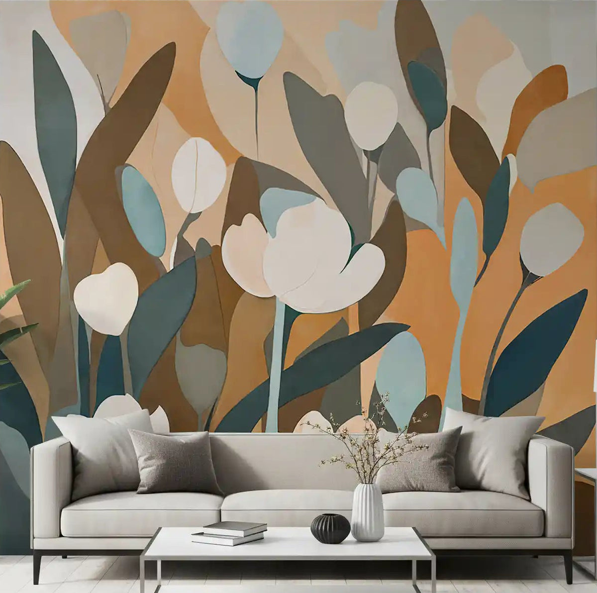 Botanical meadow wall mural displayed in a living room setting., GD10362