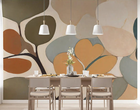 Botanical branch wall mural featured in a dining room setting.