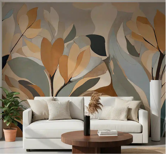 Abstract floral wall mural displayed in a living room with neutral tones.