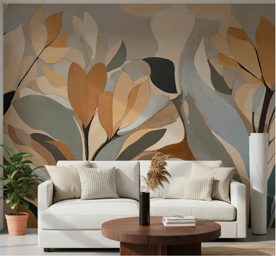 Abstract floral wall mural displayed in a living room with neutral tones., GD10364