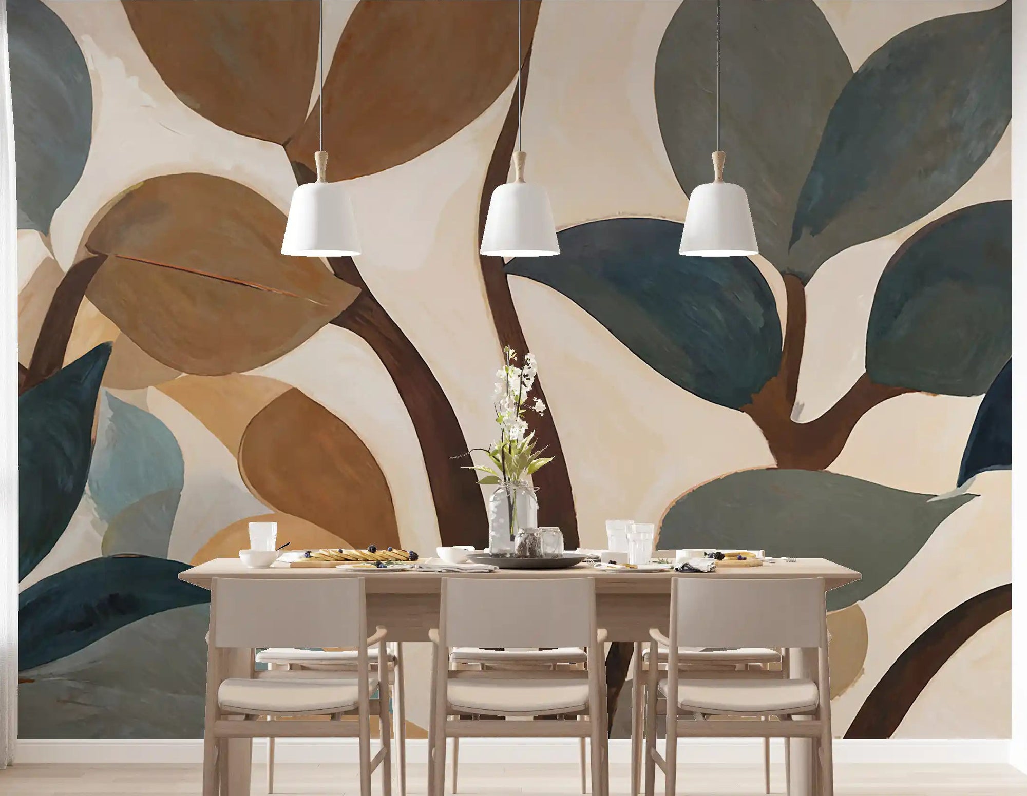 Teal and brown foliage wall mural shown in a dining room setting., GD10365