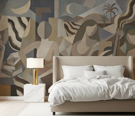 Artistic figurative mural shown in a bedroom with wavy ribbon elements.