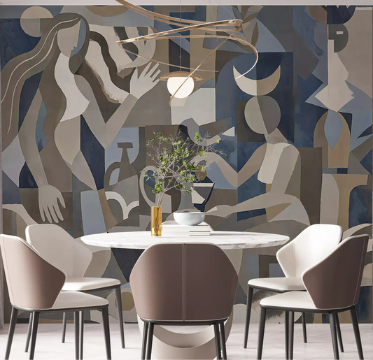 Cubist abstract wall mural displayed in a dining room with cool neutral tones. 