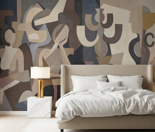 Cubist abstract wall mural displayed in a bedroom with neutral tones.