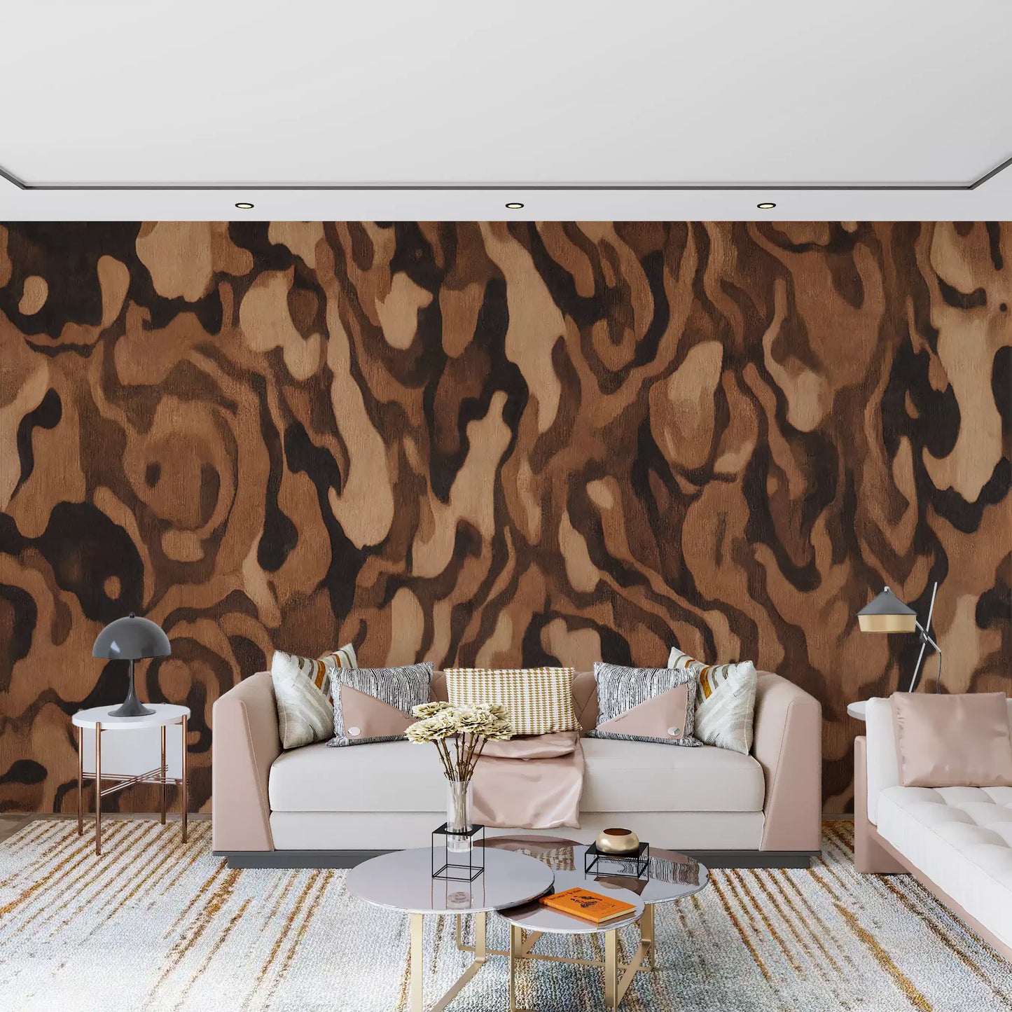Flowing burl wood texture wall mural in layered brown hues., GD10371